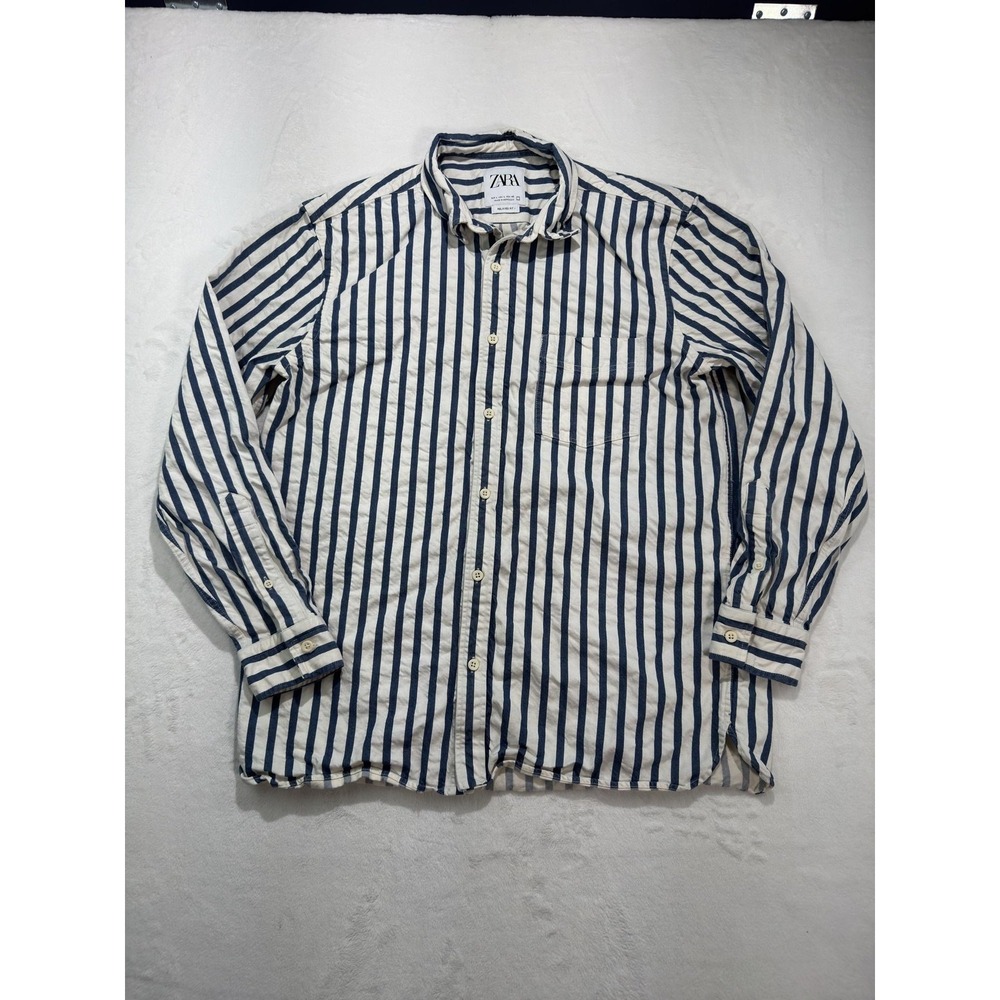 Zara Shirt Mens Large Blue White Stripe Long Sleeve Button Up Relaxed Fit Woven